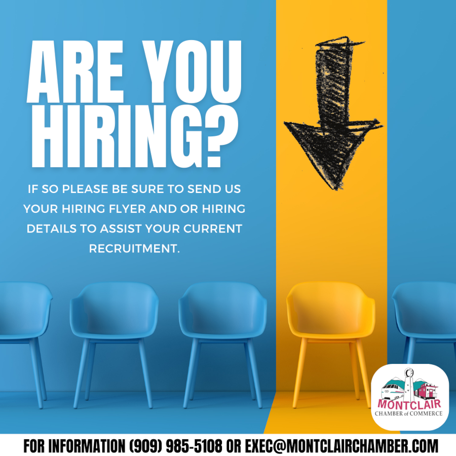 Are you hiring? If so please be sure to send us your hiring flyer and or hiring details to assist your current recruitment. Montclair Chamber of Commerce. For information (909) 985-5108 or exec@montclairchamber.com - Chairs with an arrow pointing at one chair