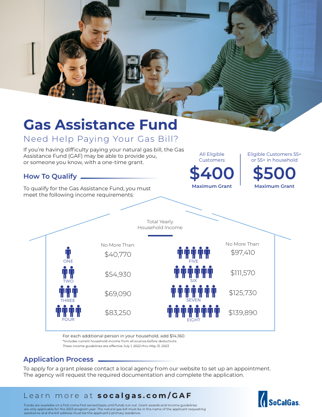 Need help paying your gas bill? The Gas Assistance Fund from SoCalGas may be able to provide a one-time grant. Learn more at socalgas.com/GAF